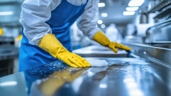 cleaner in yellow gloves scrubs stainless steel kitchen counters, ensuring hygienic environment. focus is on cleanliness and industrial kitchen maintenance cleaner in yellow gloves scrubs stainless steel kitchen counters, ensuring hygienic environment. focus is on cleanliness and industrial kitchen maintenance
