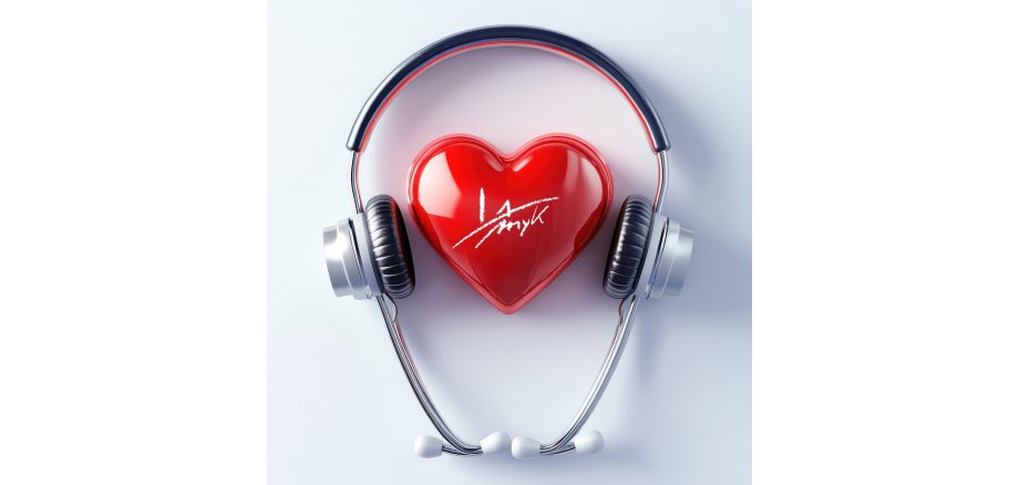 Heart health concept with headphones and red heart shape on whit Heart health concept with headphones and red heart shape on whit