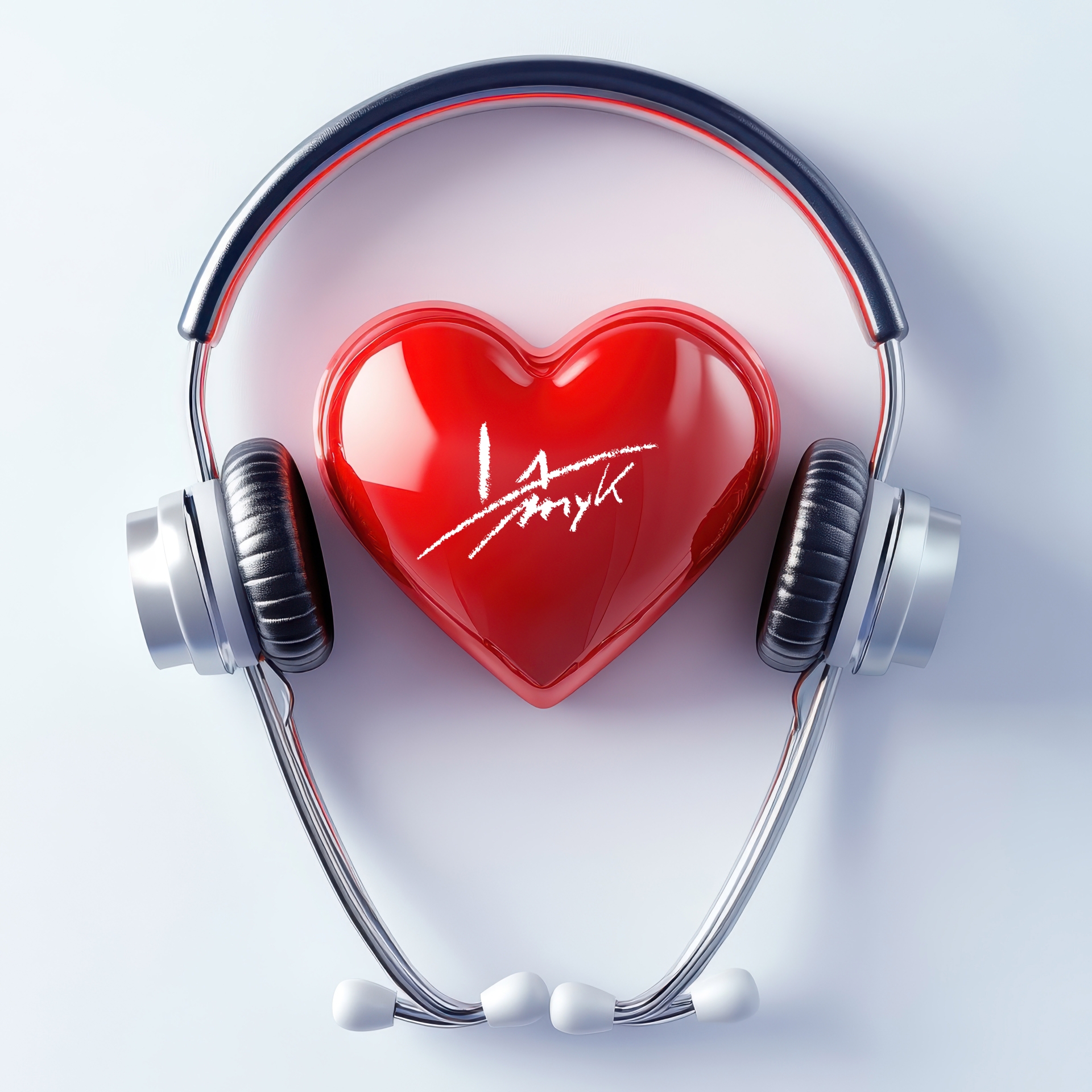 Heart health concept with headphones and red heart shape on whit