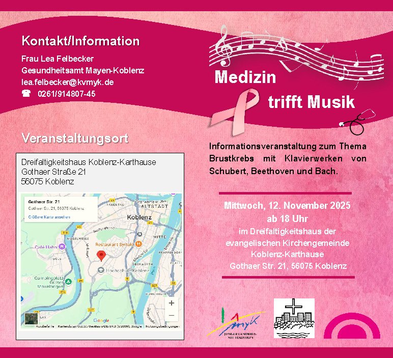 Gesundheitsamt Mayen-Koblenz lädt zu
Info-Veranstaltung zum Thema Brustkrebs
Gesundheitsamt Mayen-Koblenz lädt zu Info-Veranstaltung zum Thema Brustkrebs